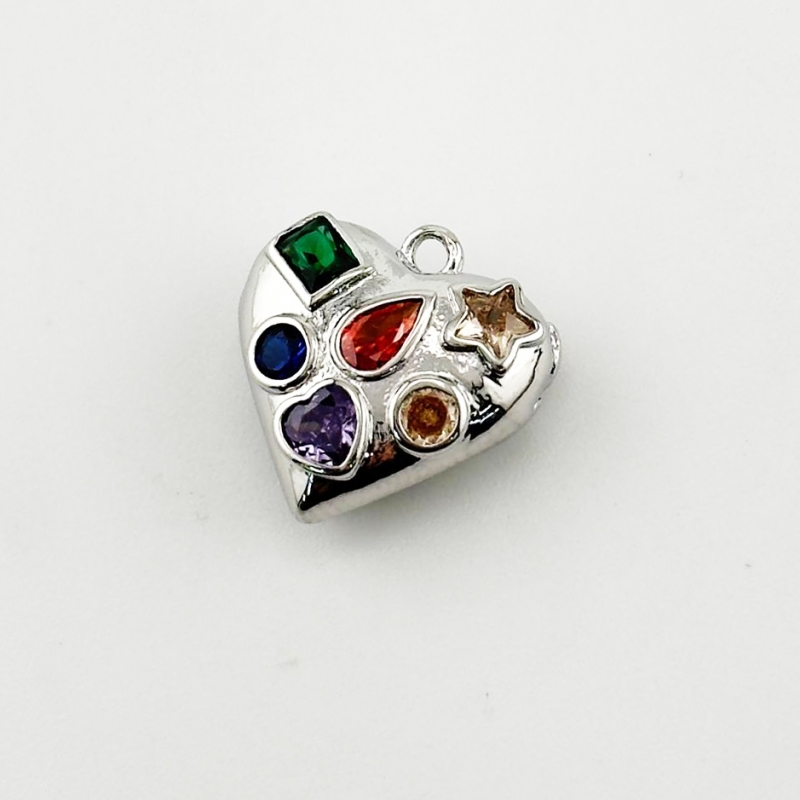 Подвеска сердце с цветными фианитами размер 16мм цвет серебро